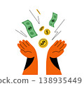 Money falling into open hands vector illustration. Cash, coins and dollar bills for wealth, profit, success concept. Minimal flat cartoon design isolated on white background. Finance gain sign 138935449