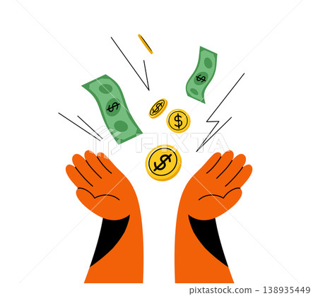 Money falling into open hands vector illustration. Cash, coins and dollar bills for wealth, profit, success concept. Minimal flat cartoon design isolated on white background. Finance gain sign 138935449