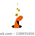 Money coins falling into hand from hole vector illustration. Cash, gold currency for wealth, profit, hidden income concept. Minimal flat cartoon illustration isolated on white background. Earning sign 138935450