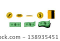 Money set with coins and bills vector illustration. Cash, dollar currency, gold coin stacks, bank notes for wealth, finance, investment concept. Flat cartoon illustration isolated on white background 138935451