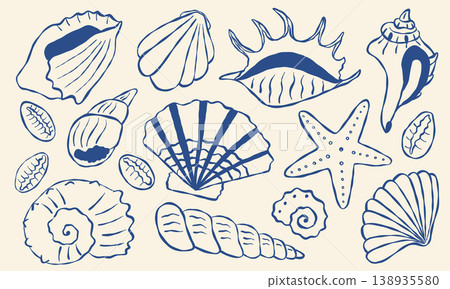 Seashells and starfish illustrated in blue ink on cream paper 138935580