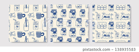Hand drawn blue milk seamless pattern set Hand drawn blue milk seamless pattern set 138935583