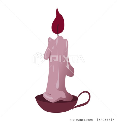 Melting pink wax candle with flame on dark holder minimal flat illustration isolated on white cozy romantic decor 138935717