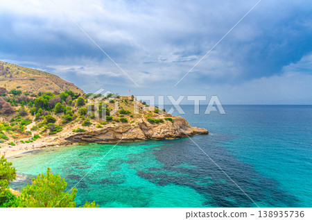 Cala Almadraba Cove beach in Benidorm bay Mediterranean Sea Cala Almadraba Cove beach in Benidorm bay Mediterranean Sea 138935736