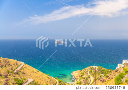 Aerial panoramic view of Mediterranean Sea azure water with Isla de Benidorm Aerial panoramic view of Mediterranean Sea azure water with Isla de Benidorm 138935746