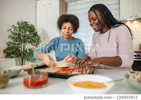 Mother and daughter bonding, making pizza from scratch at home Mother and daughter bonding, making pizza from scratch at home 138935915