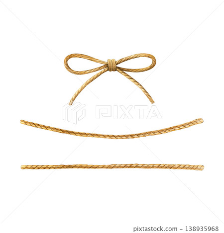 Watercolor set of rope elements: bow and curved cords isolated on white. Ideal for patterns, nautical design, packaging, branding and decorative prints Watercolor set of rope elements: bow and curved cords isolated on white. Ideal for patterns, nautical design, packaging, branding and decorative prints 138935968