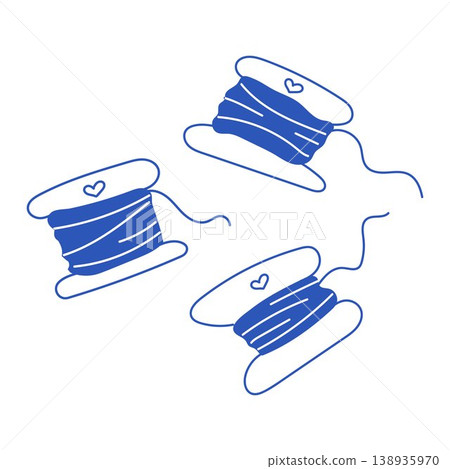 Cute blue set of embroidery threads. Three spools of embroidery thread icons. 138935970