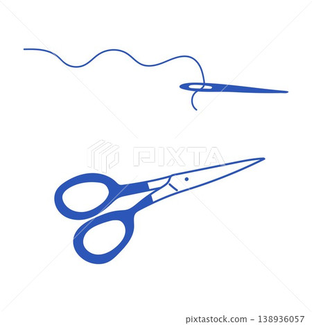 Cute blue sewing set with scissors and a needle. Tailoring icons. Cute blue sewing set with scissors and a needle. Tailoring icons. 138936057