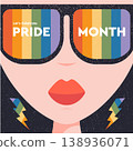 Pride Month rock star girl illustration. Rainbow sunglasses and lightning earrings with Let's Celebrate Pride Month text. Vibrant vector woman character for LGBTQ community diversity events. 138936071
