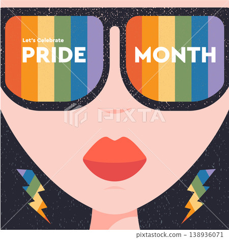 Pride Month rock star girl illustration. Rainbow sunglasses and lightning earrings with Let's Celebrate Pride Month text. Vibrant vector woman character for LGBTQ community diversity events. 138936071
