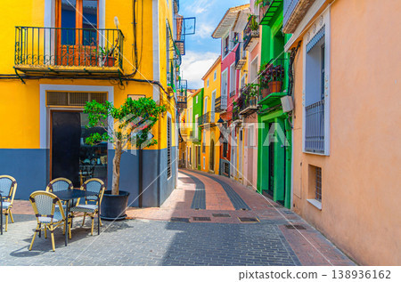Villajoyosa old town square, narrow pedestrian street, street restaurants 138936162