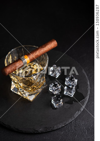 Whiskey Glass with Cigar. Luxurious Bar Ambience Whiskey Glass with Cigar. Luxurious Bar Ambience 138936287