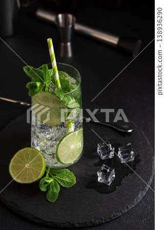 Mojito Cocktail with Lime and Mint. Elegant Bar Presentation Mojito Cocktail with Lime and Mint. Elegant Bar Presentation 138936290