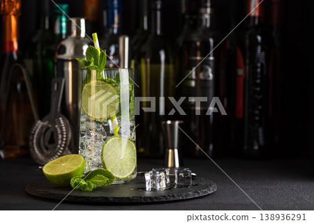 Mojito Cocktail with Lime and Mint. Elegant Bar Presentation Mojito Cocktail with Lime and Mint. Elegant Bar Presentation 138936291