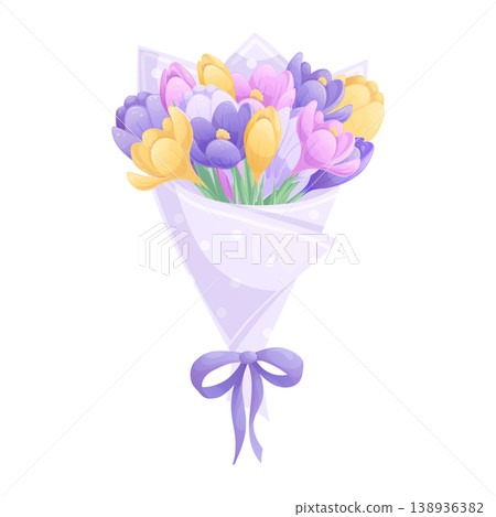 A bouquet of crocuses wrapped in wrapping paper and tied with a ribbon with a bow on a white background. The concept of International Women's Day, Mother's Day, birthday. Isolated vector illustration 138936382