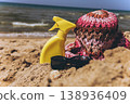 Sunscreen spray bottle with sunglasses and hat on sandy beach near sea Summer vacation concept with sun protection and copy space 138936409