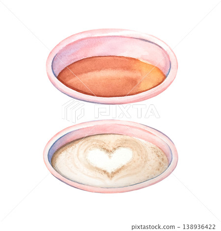 A hand-drawn watercolor illustration of tea and cappuccino in a pink mug. Isolated illustration of a latte for breakfast. Black tea for morning tea. Suitable for design, advertising, print, textiles. 138936422