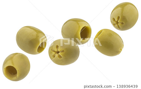 Green pitted olives isolated on white background with clipping path, copy space, full depth of field Green pitted olives isolated on white background with clipping path, copy space, full depth of field 138936439