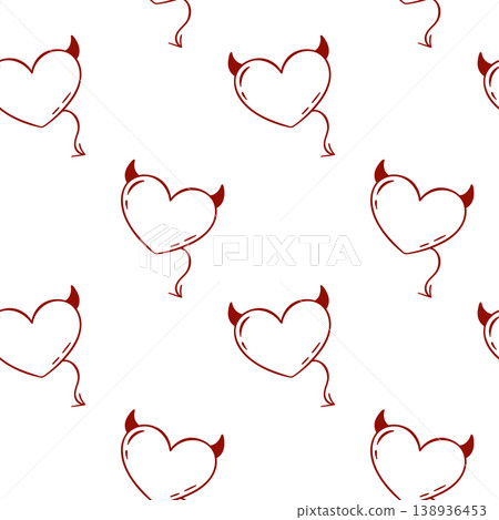 heart icon with horns and tail of an imp, simple red doodle pattern for branding and packaging, doodle and sketch style, hand drawing heart icon with horns and tail of an imp, simple red doodle pattern for branding and packaging, doodle and sketch style, hand drawing 138936453