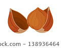 Hazelnut kernel placed between two empty halves of its shell. Hand drawn flat style isolated 138936464