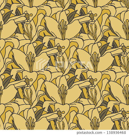 Hand drawn yellow line art lily flowers vintage seamless pattern. Boho floral repeat wallpaper Hand drawn yellow line art lily flowers vintage seamless pattern. Boho floral repeat wallpaper 138936468
