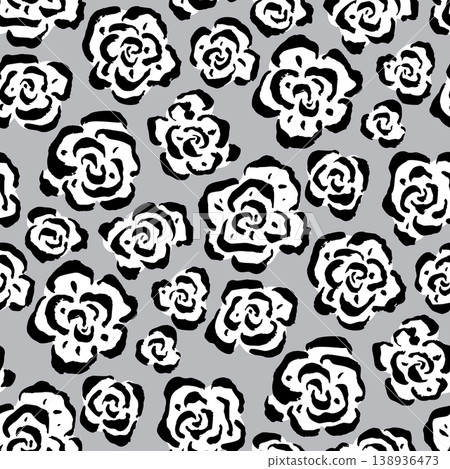 Seamless monochrome pattern with hand drawn abstract roses. Artistic brush strokes floral design in modern minimalist style 138936473