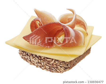 Smoked bacon slices, toast with cheese, sandwich with pork brisket isolated on white background Smoked bacon slices, toast with cheese, sandwich with pork brisket isolated on white background 138936477