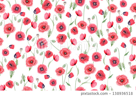 Watercolor red poppy seamless pattern with dense floral arrangement, botanical wildflower background isolated on white for fabric, textile, packaging, wallpaper, wrapping paper and design set use 138936518