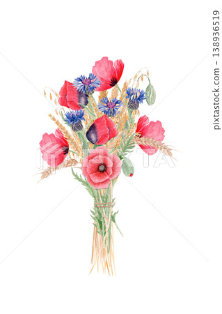 Wildflower watercolor bouquet with red poppy, cornflower and wheat, rustic floral arrangement isolated on white ideal for wedding, greeting cards, design, print, packaging, invitations and decor use 138936519