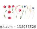 Wildflowers watercolor set with red poppy, cornflower, wheat, oats, buds and leaves. Botanical meadow floral elements isolated on white perfect for design, print, packaging, cards, invitations, decor 138936520
