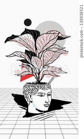 Surreal Illustration of Artistic Human Head Pot with Lush Plant Growth 138936521