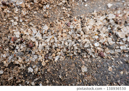 Sand and Salt Crystals on Asphalt Surface Winter Ice Safety Texture Sand and Salt Crystals on Asphalt Surface Winter Ice Safety Texture 138936530