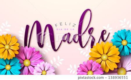 Happy Mother's Day Greeting Card Design with Flower and Typography Lettering on Light Pink Background. Feliz Dia de La Madre Spanish Language Vector Illustration for Loved and Best Mom. Template for 138936551