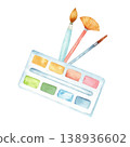 Watercolor brushes and palette isolated on transparent background for graphic design and craft assets for stickers cards and banners. Hand drawn 138936602