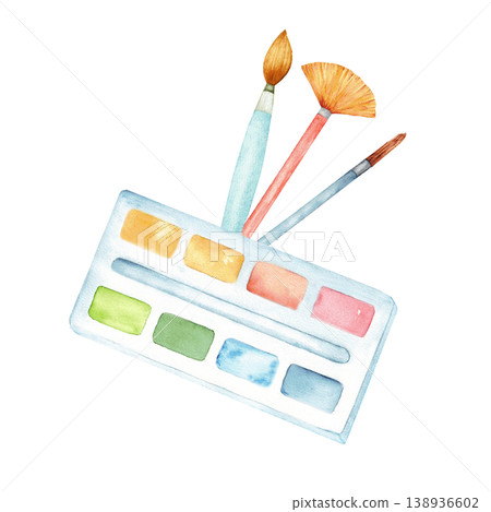 Watercolor brushes and palette isolated on transparent background for graphic design and craft assets for stickers cards and banners. Hand drawn Watercolor brushes and palette isolated on transparent background for graphic design and craft assets for stickers cards and banners. Hand drawn 138936602
