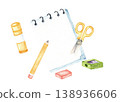 Watercolor stationery set with spiral notebook pencil scissors glue eraser and sharpener on transparent background for school design and banner. Back to school. Isolated. Hand drawn. Kids Art Supplies 138936606