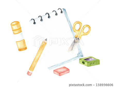 Watercolor stationery set with spiral notebook pencil scissors glue eraser and sharpener on transparent background for school design and banner. Back to school. Isolated. Hand drawn. Kids Art Supplies 138936606
