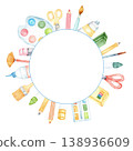 Round watercolor art supplies template for kids with paint brushes pencils scissors and palette for invitations background poster and craft design. Copy space. Back to school. Hand drawn 138936609