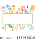 Transparent watercolor art supplies frame template for kids with paint palette brushes pencils and scissors for banner label background and printable png design. Back to school. Copy space 138936610