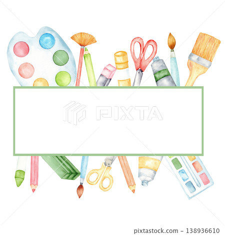 Transparent watercolor art supplies frame template for kids with paint palette brushes pencils and scissors for banner label background and printable png design. Back to school. Copy space Transparent watercolor art supplies frame template for kids with paint palette brushes pencils and scissors for banner label background and printable png design. Back to school. Copy space 138936610