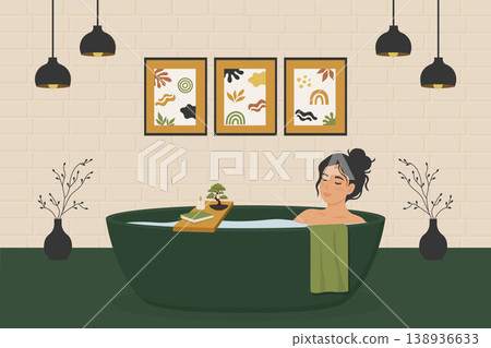 Young woman relaxing in green bathtub with bonsai and posters vector illustration. Young woman relaxing in green bathtub with bonsai and posters vector illustration. 138936633