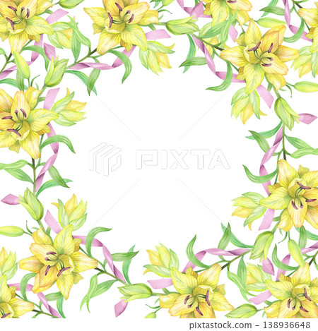 Square frame of the liles and pink ribbons. Handmade watercolor illustration. For packaging design, cards, cover, prints, product labels and fabric. Square frame of the liles and pink ribbons. Handmade watercolor illustration. For packaging design, cards, cover, prints, product labels and fabric. 138936648