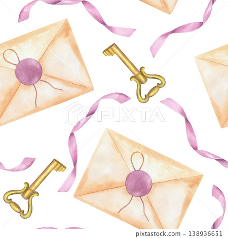 Seamless pattern of envelope, vintage key and pink ribbon. Handmade watercolor illustration. For packaging design, cards, cover, prints, product labels and fabric. Seamless pattern of envelope, vintage key and pink ribbon. Handmade watercolor illustration. For packaging design, cards, cover, prints, product labels and fabric. 138936651