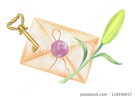 Composition of the envelope, lily and key. Handmade watercolor illustration. For packaging design, cards, cover, prints, product labels and fabric. Composition of the envelope, lily and key. Handmade watercolor illustration. For packaging design, cards, cover, prints, product labels and fabric. 138936657