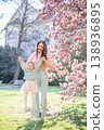 Young mother with her little daughter in a blooming magnolia garden in Prague. Symbol of maternal love and the beauty of springtime bonding in nature 138936895