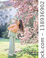 Trendy mom with her little daughter under blooming magnolia trees in a Prague park. Capturing a stylish family moment with a modern approach to parenting 138936902
