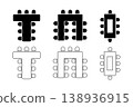 Seats arrangement on banquet event in restaurant or cafe. Business office or cabinet seating interior plan. Conference or meeting schematic tables and chairs icons set. Vector graphic illustration 138936915