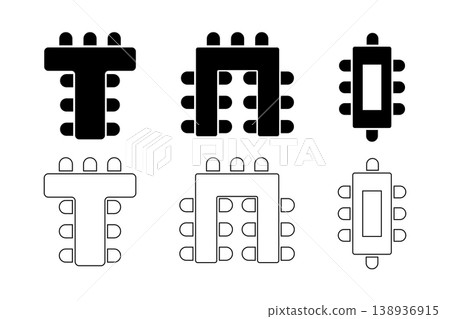 Seats arrangement on banquet event in restaurant or cafe. Business office or cabinet seating interior plan. Conference or meeting schematic tables and chairs icons set. Vector graphic illustration 138936915