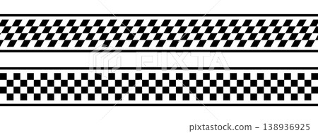 Set of borders, separators or dividers with checkered print. Tapes with rally flag, chess board, taxi or police pattern. Strips with repeated black and white squares. Vector graphic illustration Set of borders, separators or dividers with checkered print. Tapes with rally flag, chess board, taxi or police pattern. Strips with repeated black and white squares. Vector graphic illustration 138936925